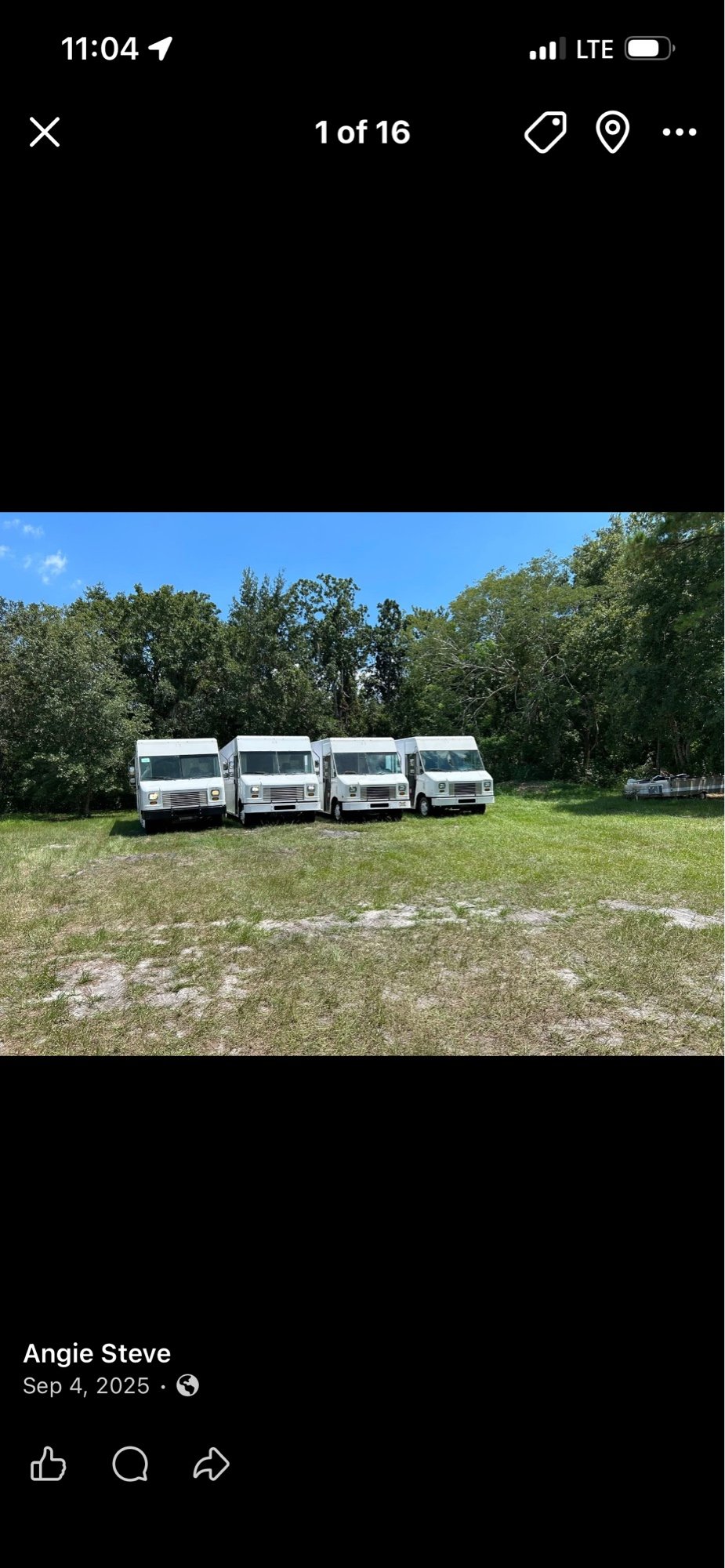 A row of four step vans we purchased from a route fleet — Ford F59 walk-ins ready for pickup